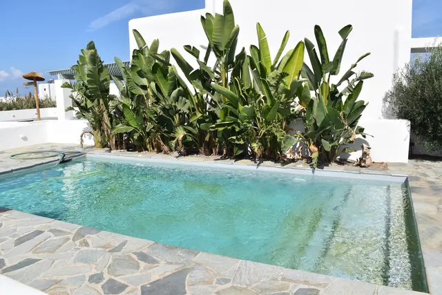Swimming pool and garden at Naxian Garden Villas, Naxos