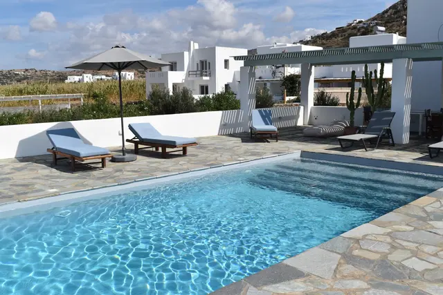 Swimming pool and garden at Naxian Garden Villas, Naxos