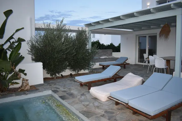 Shaded terrace and poolside seating